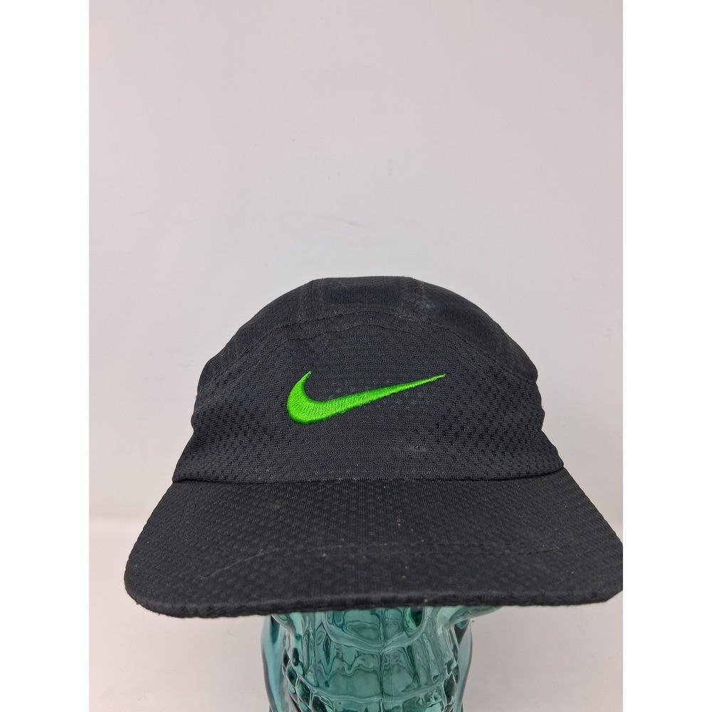 Vintage Nike 5 Panel Mesh Camper Hat Black Lime Green Swoosh Adjustable Cap